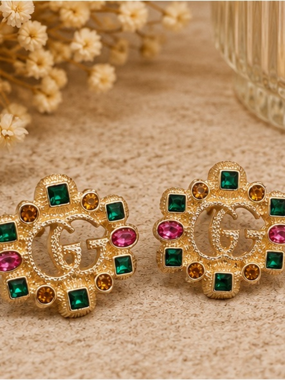 Designer Inspired Gold Multicolor Crystal Logo Stud Earrings